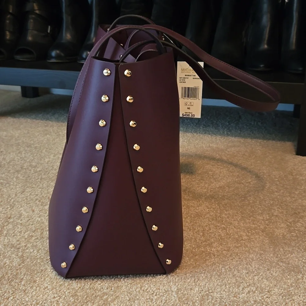 NWT Michael Kors Manhattan Studded Tote/Bordeaux Color - Picture 4 of 11